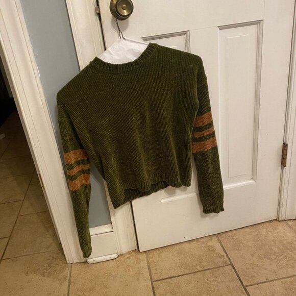Olive Green Women's Sweater with Striped Sleeves - Picture 2 of 3